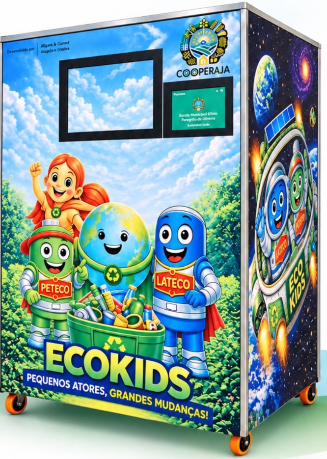 Ecoponto EcoKids: totem com telas, ilustrado com os personagens Peteco e Lateco e o lema Pequenos atores, grandes mudanças